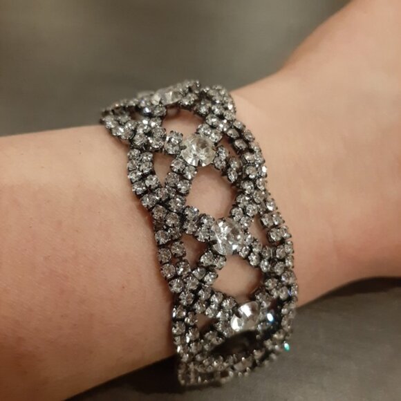 Braided Faux Diamond Bracelet Rhinestone Formal Wedding Woven Chunky Gunmetal - Picture 10 of 12